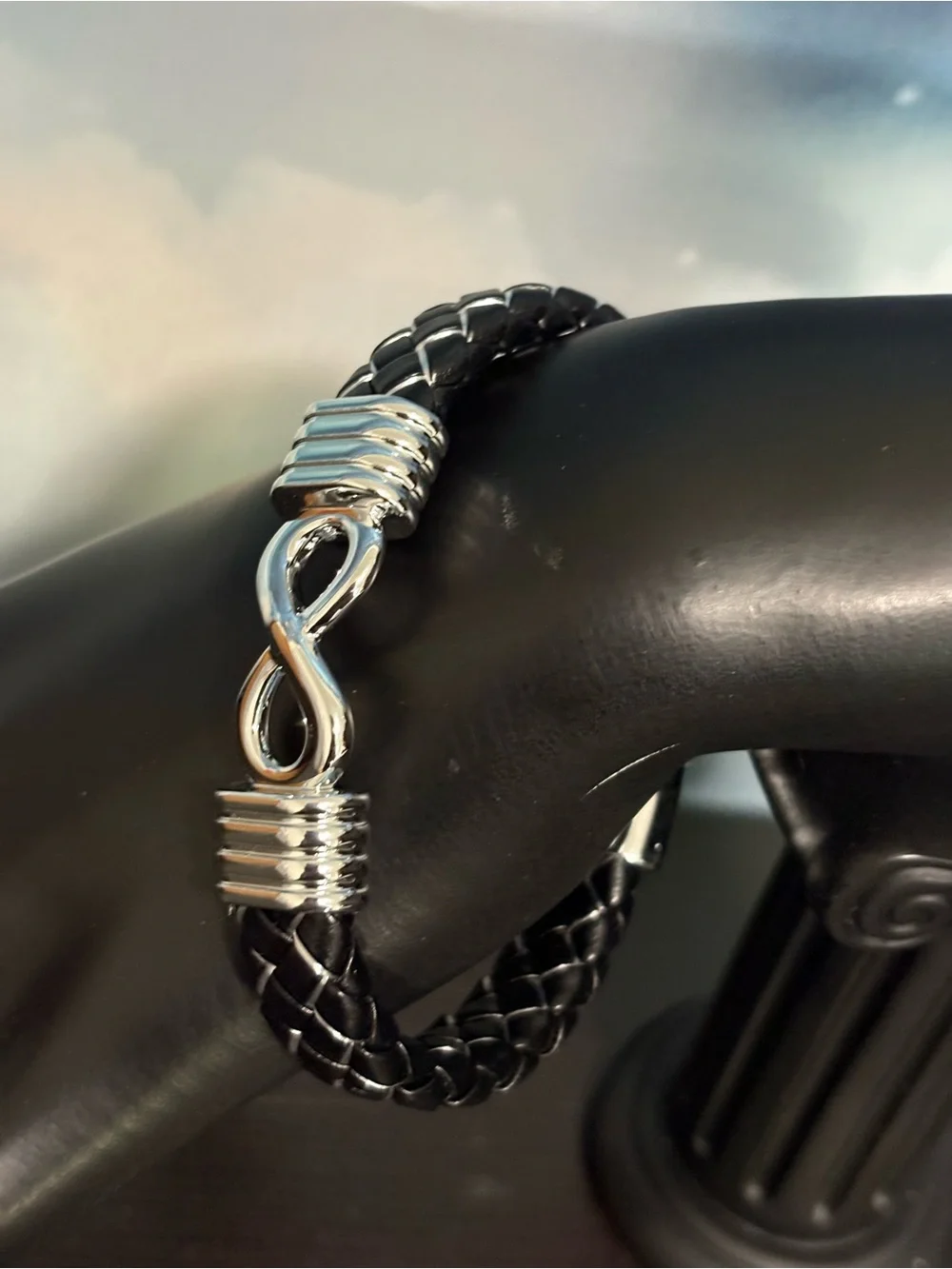 Men's Black Braided Faux Leather Bracelet with Silver tone magnetic clasp. New